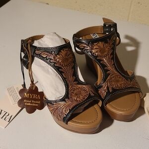 Myra Bag Brown and Black Wedge Shoes with Intricate Design